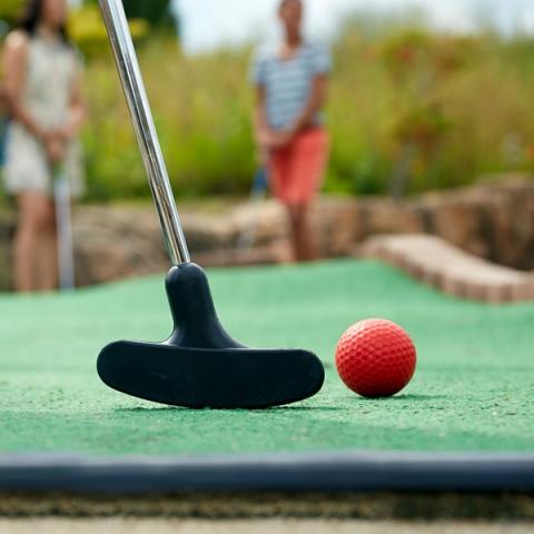 A mini golf club about to hit a golf ball.