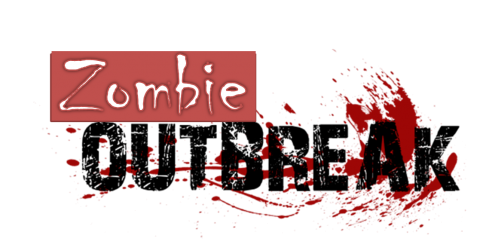 Logo for Manasota Zombie Outbreak Escape Room with Chiller-font words and splashes of blood, Sarasota County Libraries