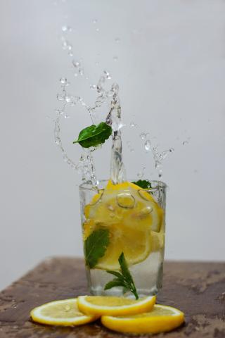 a glass of clear liquid with lemon and mint