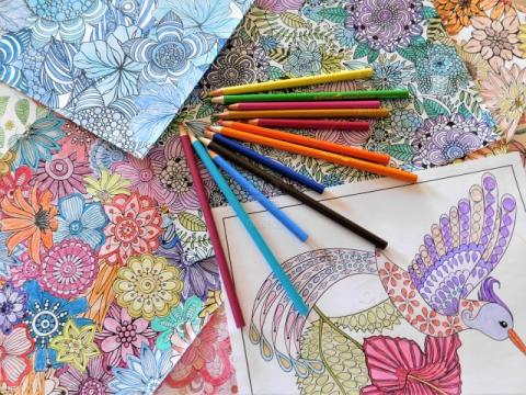 Coloring pages and pencils.