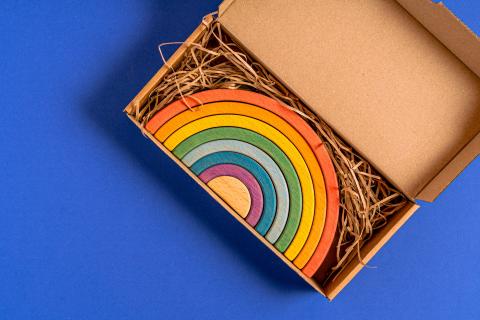 a rainbow sits in a box on a white background