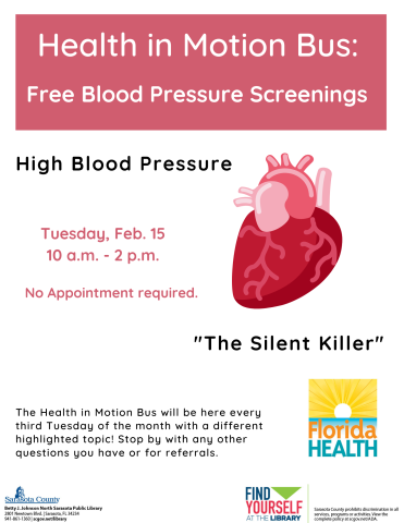 Health in Motion Bus Free Blood Pressure Screenings Flyer. Tuesday, February 15 from 10 a.m. - 2 p.m.
