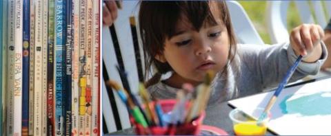 Photo of books and child painting