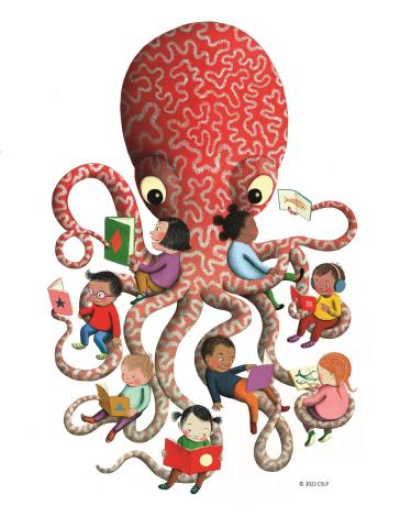 Illustration of an octopus with several children wrapped in the tentacles reading books.