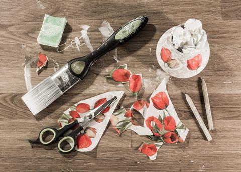 Decoupage craft tools and paper.