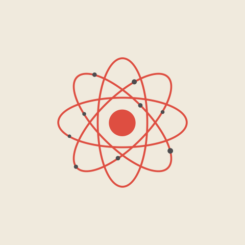 An image of a red atom with black dots.