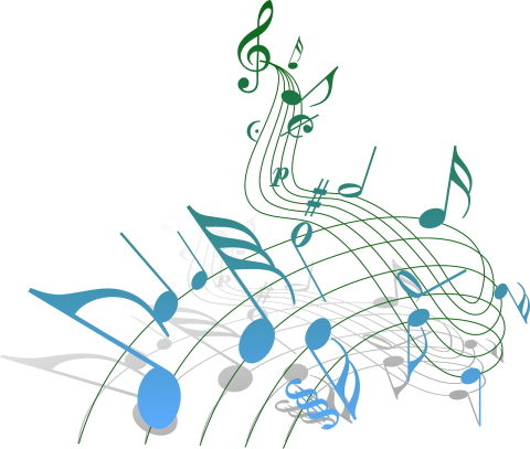 Image of music notes with the illusion of twisting away. Largest music notes are blue, and it transitions to green the smaller and more upward the music notes go.