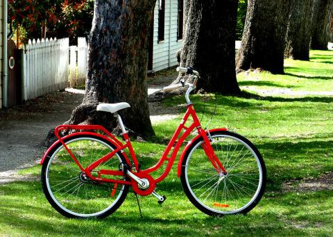 red bicycle on a green yard with trees and a white fence in the background.