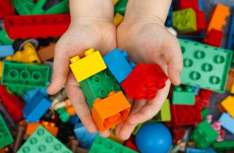 Hands holding different colored LEGO blocks.