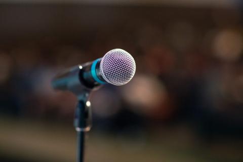 A microphone in a microphone stand.