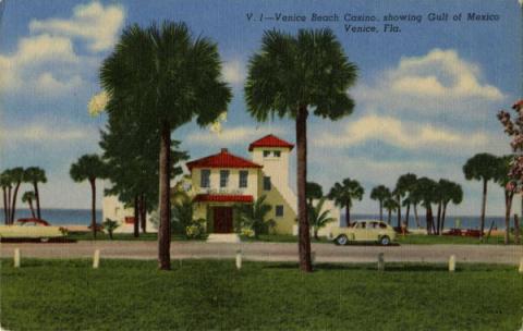 A color postcard of the Venice Beach Casino. 
