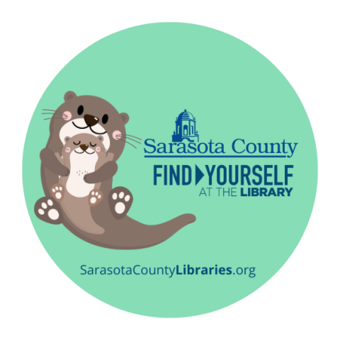 A mama otter holds a baby otter next to the Sarasota County and Find Yourself at the Library logos.