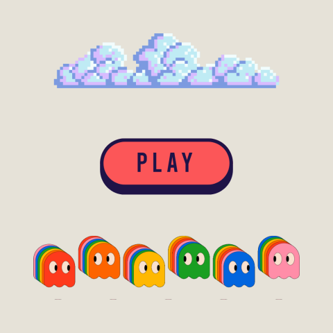 Pixelated clouds hovering over a play button and some Pac-Man ghosts