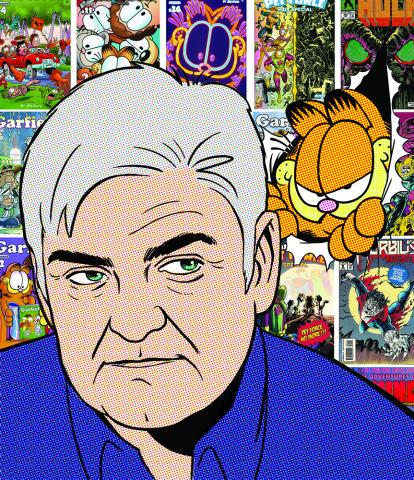 An illustrated self portrait of artist Gary Barker with comic strips in the background and Garfield the cat over his shoulder.