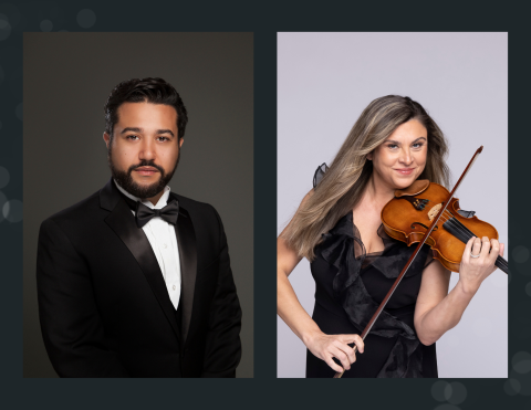 a man in a tux and a woman smiling with long hair and a violin