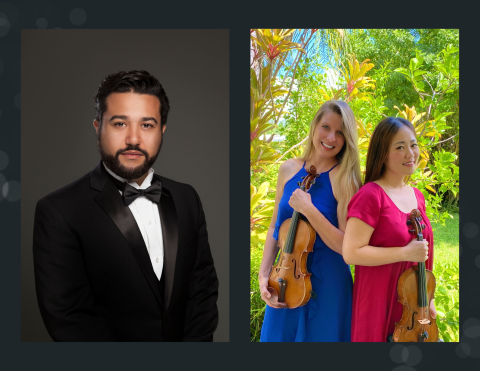 a man in a tux and two women and their string instruments out in nature