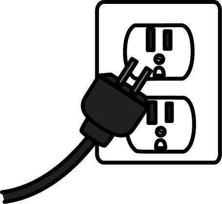 Black and white drawing of an electrical outlet and plug.