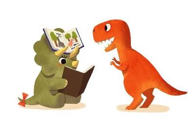 Cartoon picture of a green dinosaur holding an open book as orange dinosaur looks on.