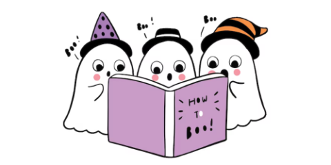 Cartoon picture of 3 little ghosts reading a book.