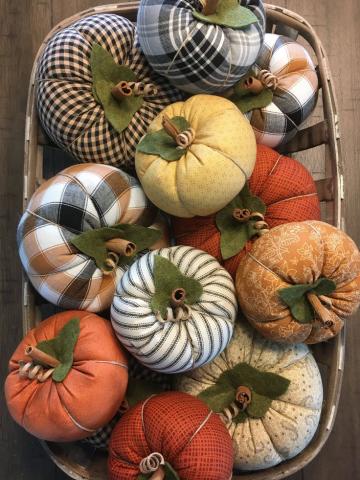 Basket of handmade fabric pumpkins