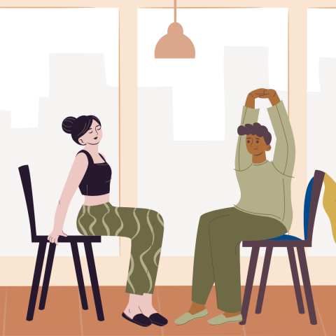 A drawing of Two people sitting in chairs performing chair yoga exercises. One is a woman who has moved to the end of her chair. She has her hair in a bun and is wearing athletic clothing. The other appears to be a man with his arms raised over his head while sitting in the chair. He is wearing a long sleeved shirt and sweatpants. There are windows in the background and a ceiling light.