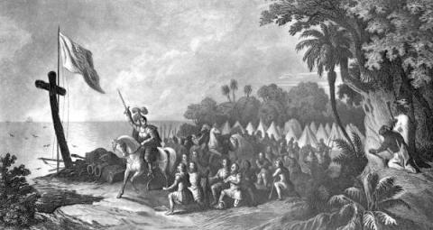 A pencil drawing of Hernando de Soto landing at Tampa Bay. 