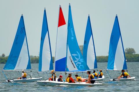 Small sailboats with blue and white sails floating on the water