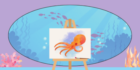 drawing of an Octopus on a canvas with an aquarium in the background