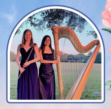 two musicians, one with a flute and one with a harp