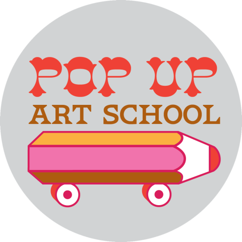 pencil that has wheels and pop up art school in text above