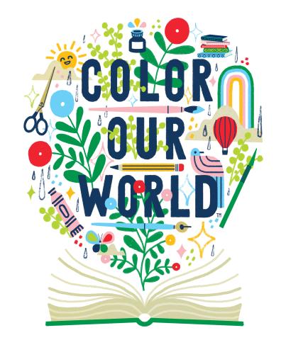 Colorful graphic of Color Our World slogan centered over an open book