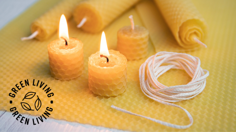 A picture of lit beeswax candles sitting on a flat piece of beeswax with a roll of wick string.