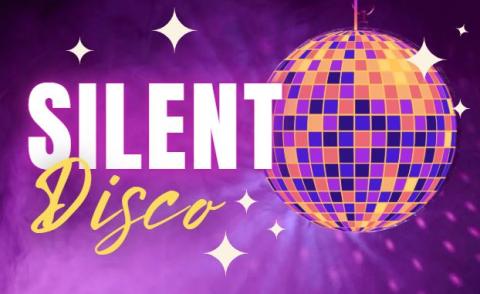 Silent Disco on a purple sparkly background with a disco ball