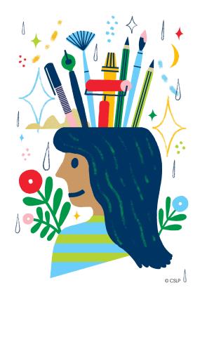 Graphic drawing of a girl's head with art supplies on top.