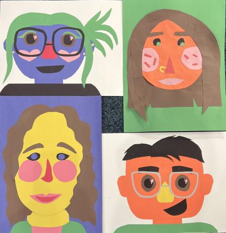 Collage of abstract self-portraits made with construction paper.