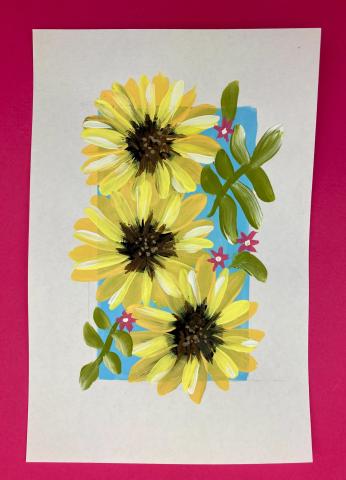 Three daisies painted on a blue rectangle.