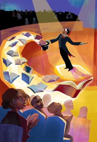 An illustration of a circus ring master with books flying out of his top hat and an amazed audience.