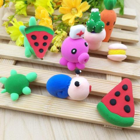 Air dry clay projects including a turtle, watermelon, octopus, snail, cactus, carrot, and macaron