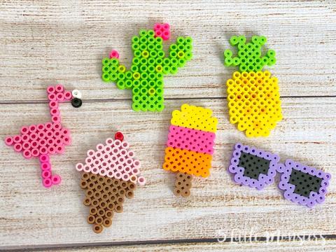 Fuse bead projects featuring a flamingo, cactus, sunglasses, ice cream cone, popsicle, and pineapple