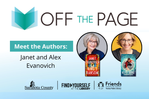 Promotional graphic with photos of author and book Janet Evanovich ("King's Ransom") and Alex Evanovich ("Keeper Chance and the Dubious Doppelganger")