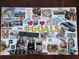 A personal vision board with pictures of goals for the future.
