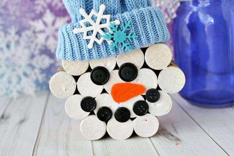 Snowman head made of wine corks