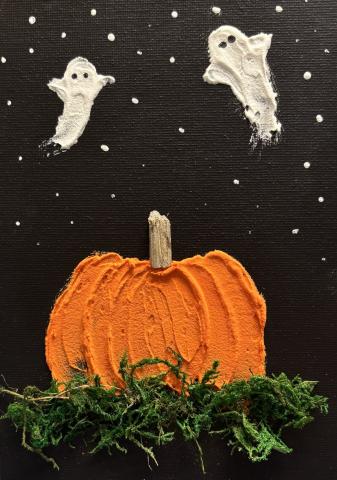 A textured painting of a pumpkin and ghosts