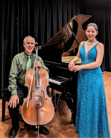 Photo of Duo Arpeggione (Drs. Catherine Lan and Claudio Jaffe) with cello and piano