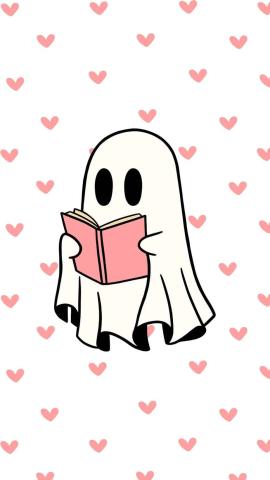 A ghost reading a book on a backdrop of hearts.