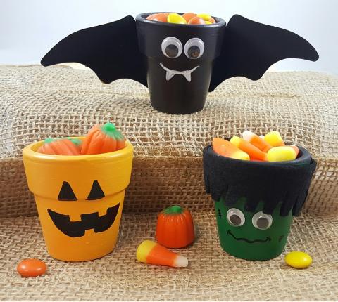3 Pots- 1 made into a bat, Frankenstein, and pumpkin