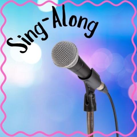Microphone on a blue background with text 'sing along'