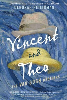 The Cover of the Book "Vincent and Theo" by Deborah Heiligman, featuring two hats on a blue background resembling the sky in the painting Starry Night