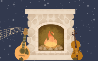 Instruments in front of a fireplace