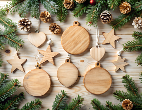 blank wooden ornaments surrounded by evergreen branches and pinecones